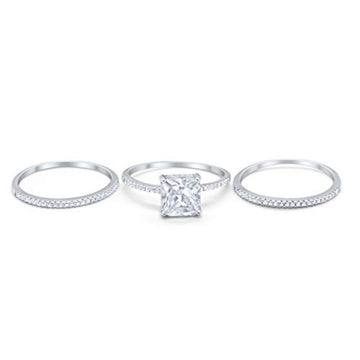 Princess Cut Wedding 3 Piece Ring Simulated Cubic Zirconia 925 Sterling Silver